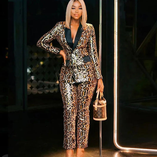 Sequin Leopard Print Women's Blazer Jacket + Pants Tailored Formal Suit