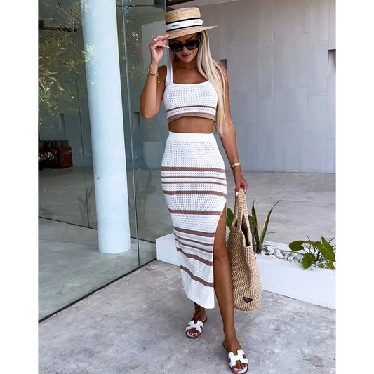 Knitted Crochet Striped Transparent Mesh Hollow-Out Sleeveless Crop Top + High Slit Maxi Skirt Swimsuit Cover-Up 2-Piece Set