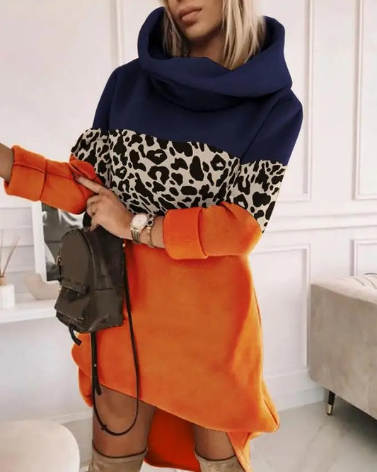 Geometric Checkered/Solid/ Leopard Colorblock Print Long Sleeve Turtleneck Sweatshirt Hoodie Dress