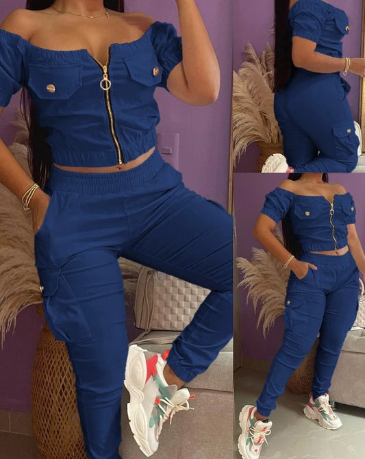 Ruched Pocket Design Temperament Commuter Off-the-Shoulder Zipper Design Top & Elastic Waist Cuffed Cargo Pants 2-Piece Set