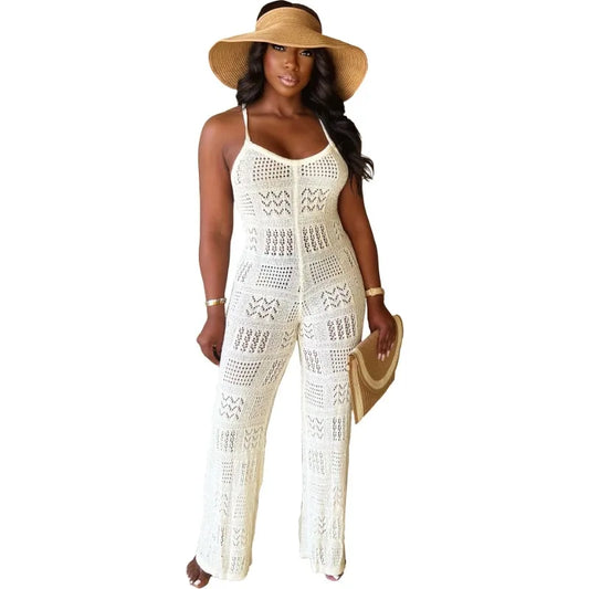 Crochet Sleeveless Hollow-Out Knitted Spaghetti Strap Backless High Stretch Flared Leg Jumpsuit