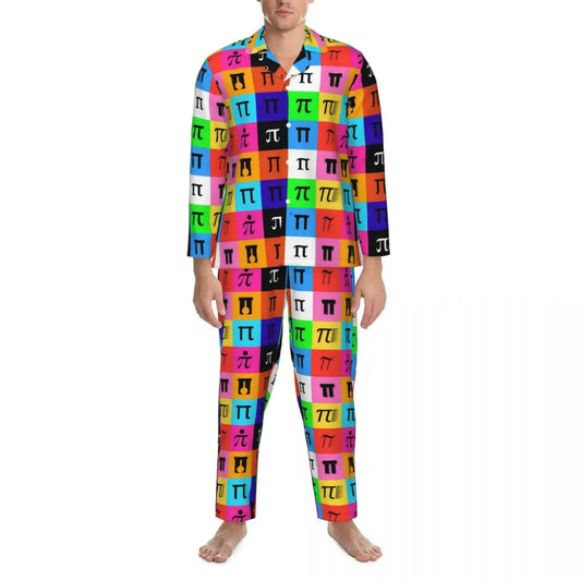 Men's Rainbow Colorblock Turn-Down Collar Long Sleeve Shirt Pants 2-Piece Pajama Set
