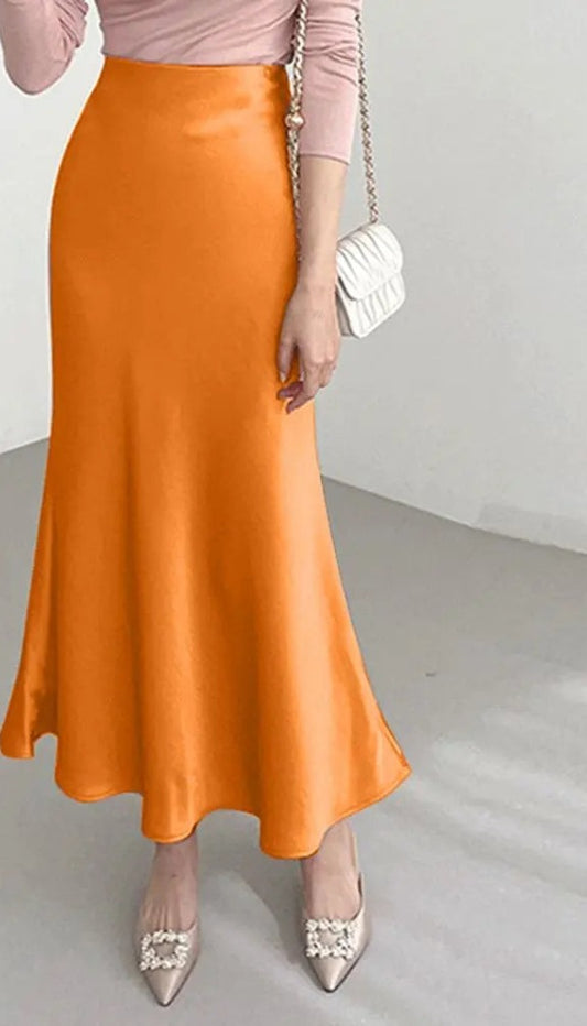 Satin Pleated Solid Color Loose Flared Maxi Skirt to 5X Plus Size