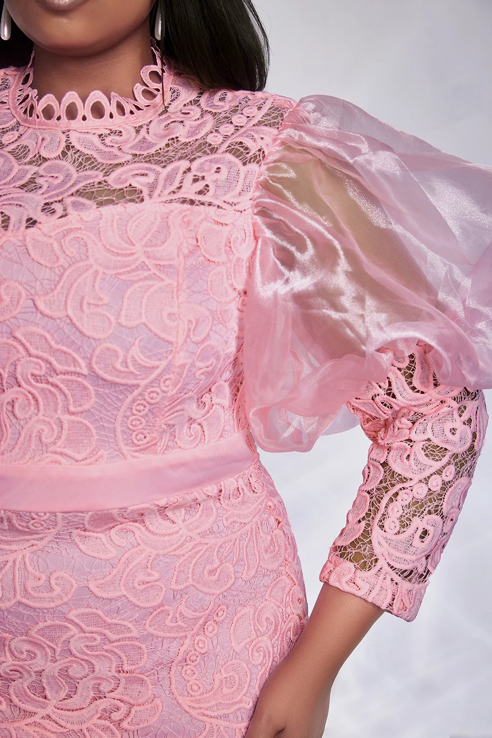Pink Lace Puff Balloon Sleeve Sheer Transparent Wedding Formal Bodycon Dress
