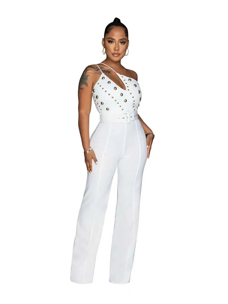 Stud Hollow-Out Design Sleeveless Asymmetrical One Shoulder Women's Backless Party Jumpsuit