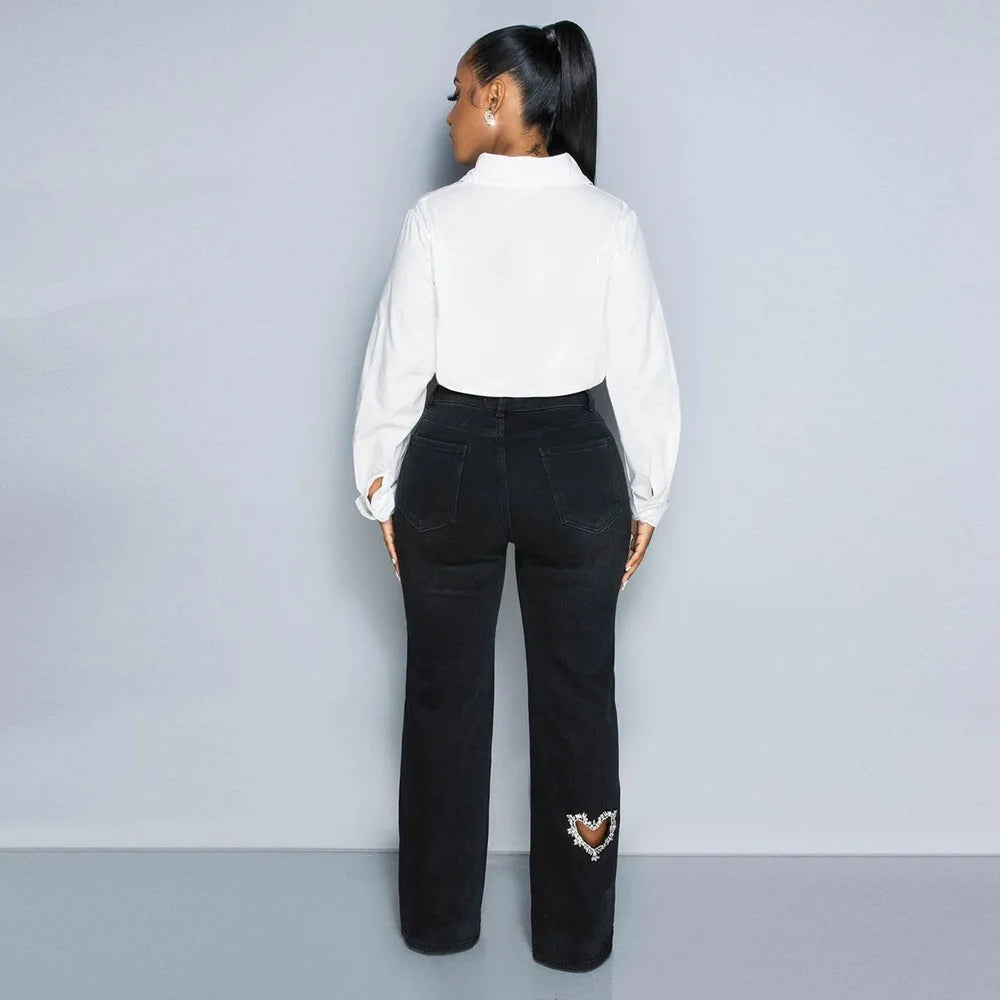 Denim Women's Rhinestone Cut-Out Heart Design Patchwork Wide Leg Jeans