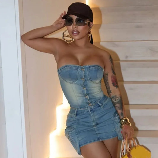 Stretch Denim Sleeveless Tube Crop Top + Irregular Cargo Pocketed Mini Jean Skirt Streetwear Women's 2-Piece Set