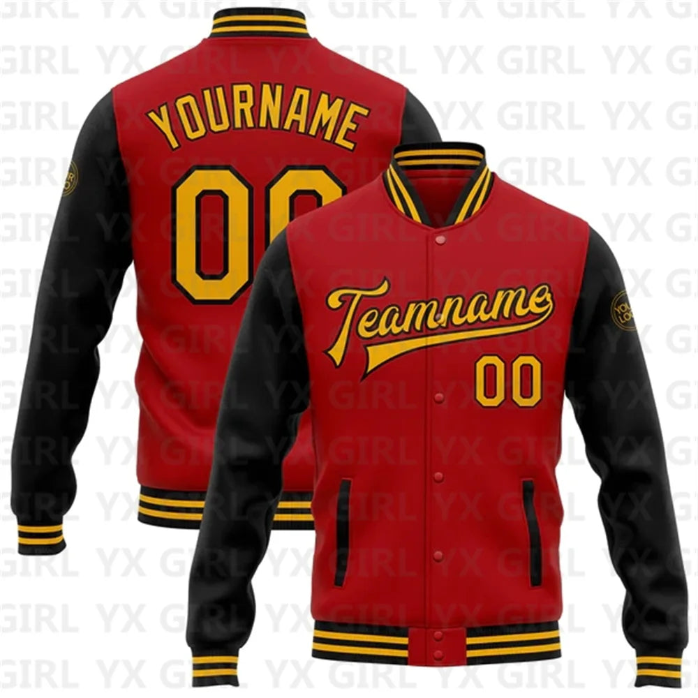 Customized Unisex Red Black-White Personalized Name Letter Print/Team Name 3D Print Full-Snap Varsity Letterman's 2-Tone Baseball Button-Up Bomber Jacket