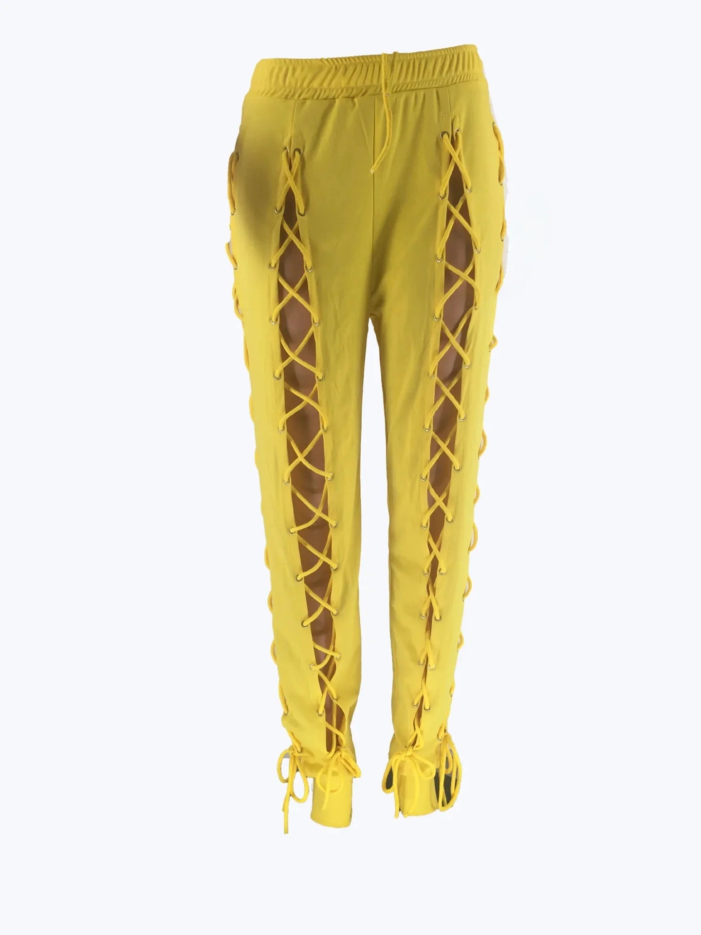 Bandage Lace-Up Elastic Waist Hollow-Out Women's Solid Color Elastic Waist Skinny Pants