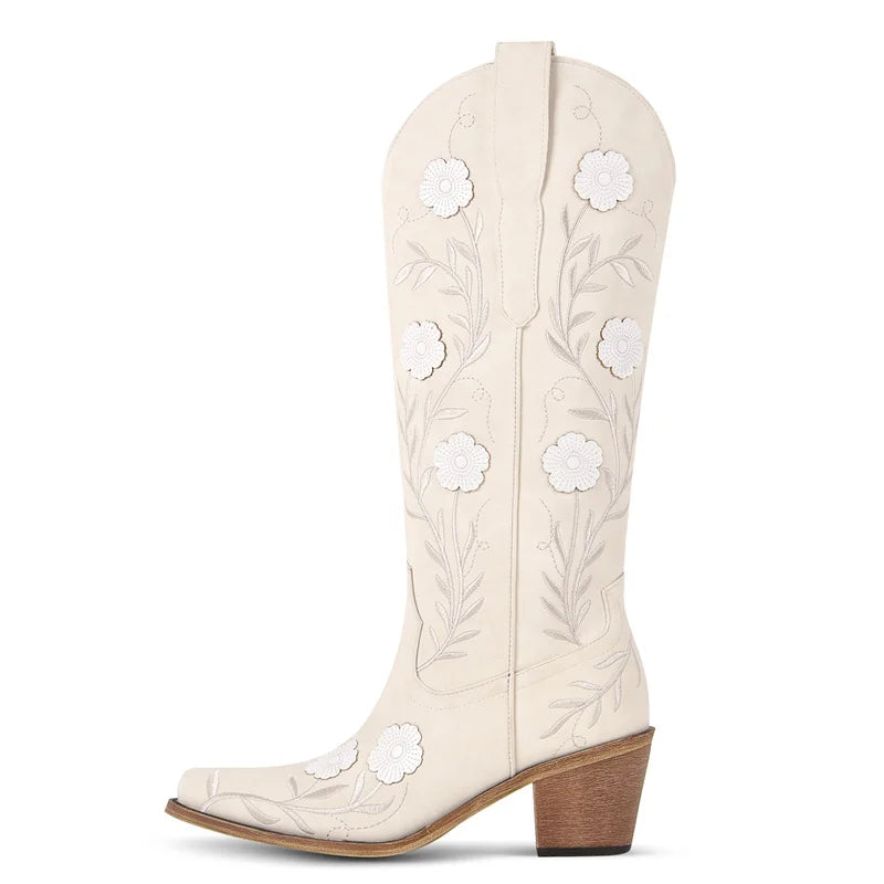 Western Flower Embroidered Women's Pointed Toe Side Zipper Chunky Heel Cowgirl Boots
