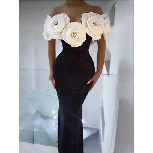 Big Rose Flower Detail Off-The-Shoulder Bandage Formal Maxi Party Dress