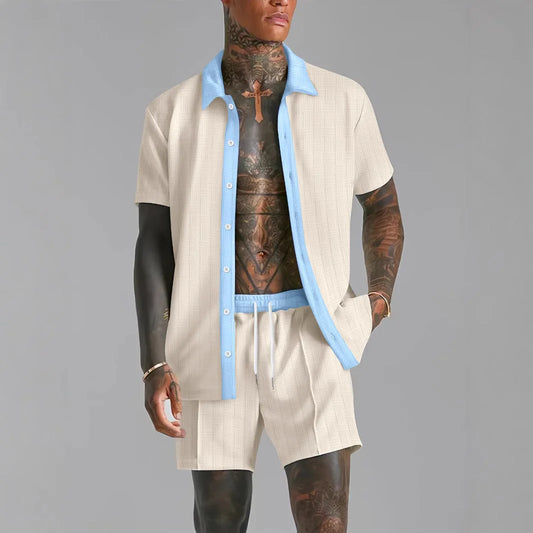 Men's Designer Open Side Striped Turn-Down Collar Colorblock Short Sleeve Polo Shirt + Elastic Waist Shorts 2-Piece Set
