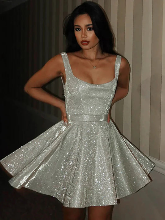 Glitter Silver Bright Silk Sparkling Spaghetti Strap A-Line Skinny Party Formal Mini Flared Dress