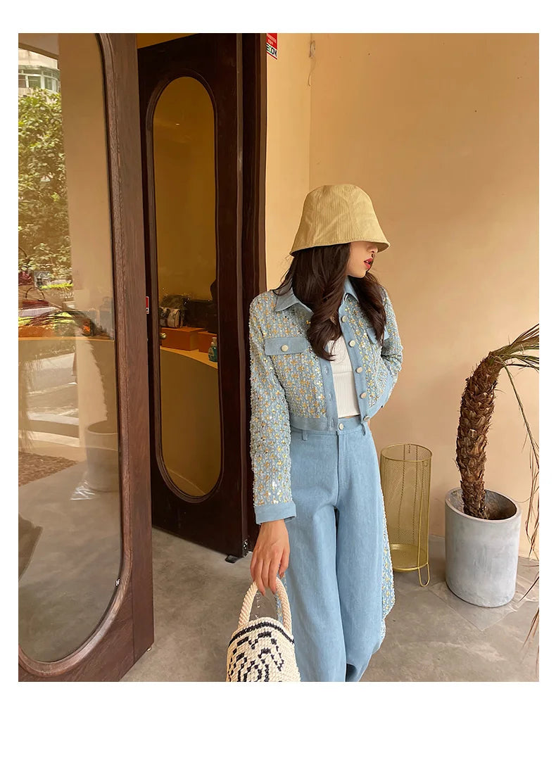 Sequin Women's Vintage Frayed Denim Jacket + Patchwork Wide Leg Jeans 2-Piece Set to 3X Plus Size