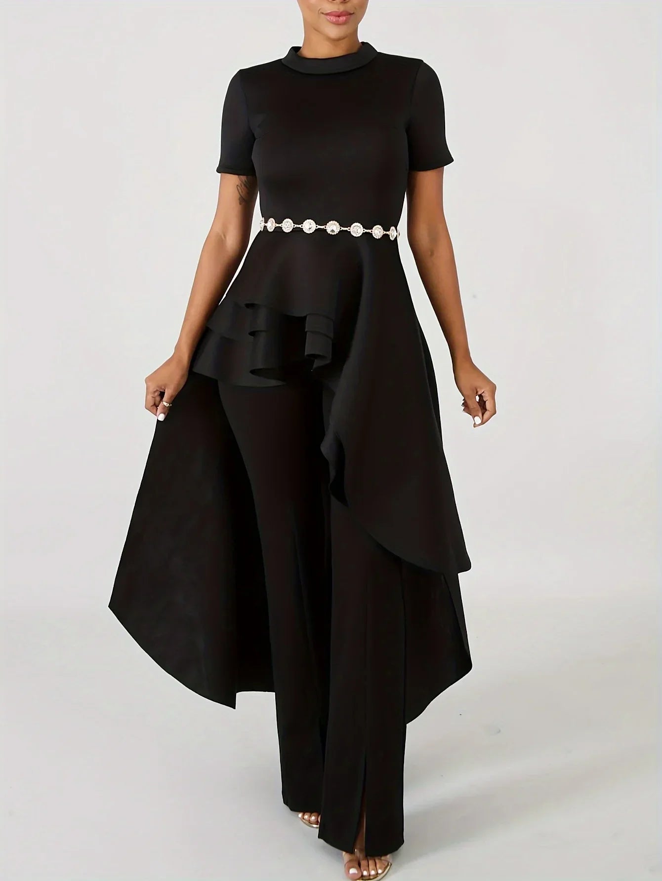 Irregular Ruffled Hem Asymmetrical Peplum O-Neck Solid Color Maxi Blouse