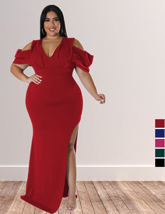 Pleated Cut-Out Cold Shoulder V-Neck High Slit Solid Color Maxi Party Dress to 5X Plus Size