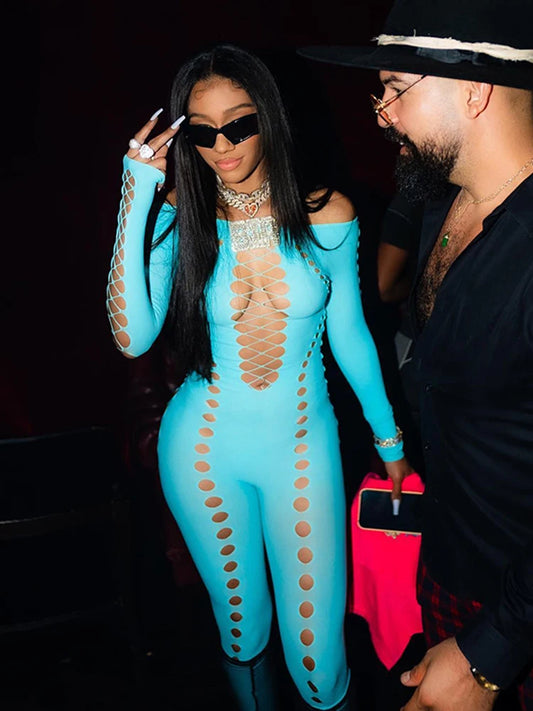 Lace-Up Hole Design Hollow-Out Deep V-Neck Women's Slash Neck Long Sleeve Solid Bodycon Jumpsuit