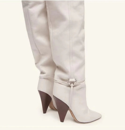 Pointed Toe Ruched Belt Buckle Strap Conical Heel High Heel Over-the-Knee Slouch Boots