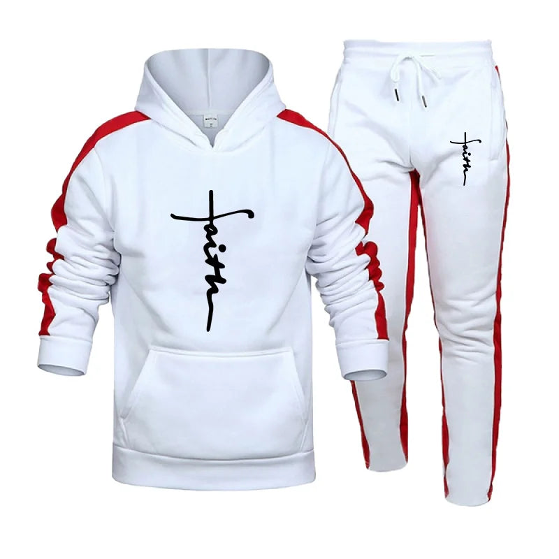 "FAITH" Men's Colorblock Hoodie Sweatshirt + Side Striped Jogger Sweatpants Tracksuit