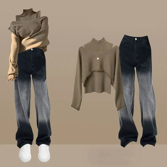 Solid Knitted Long Sleeve Cropped Sweater w/ Vest + Black/Grey Gradient Colorblock Denim Jeans Women's 2-Piece Set