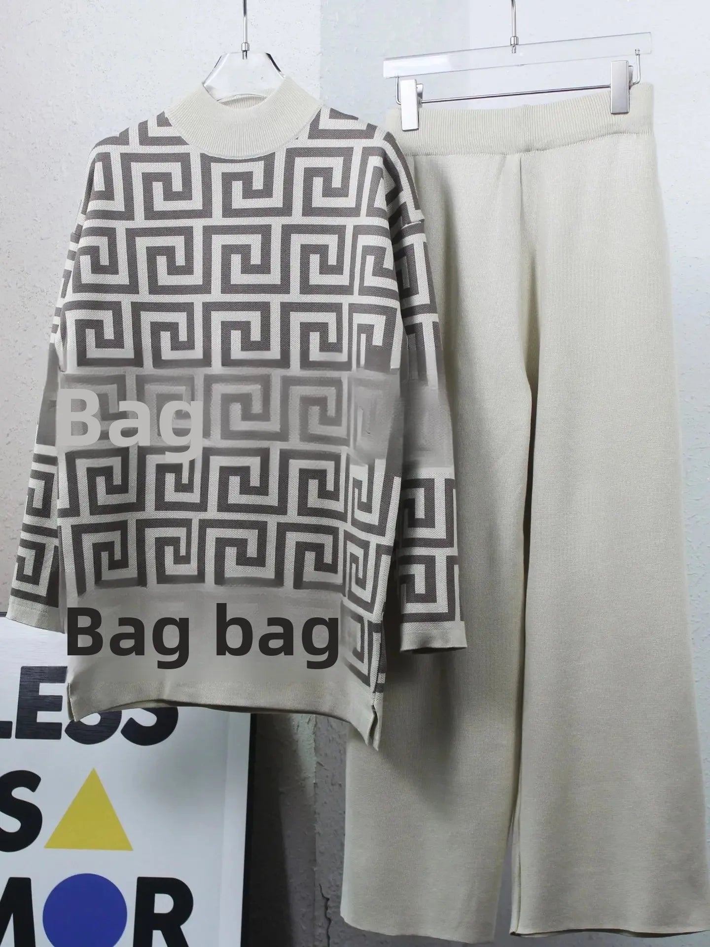 Geometric Colorblock High Collar Sweater + Wide Leg Pants Women's 2-Piece Set