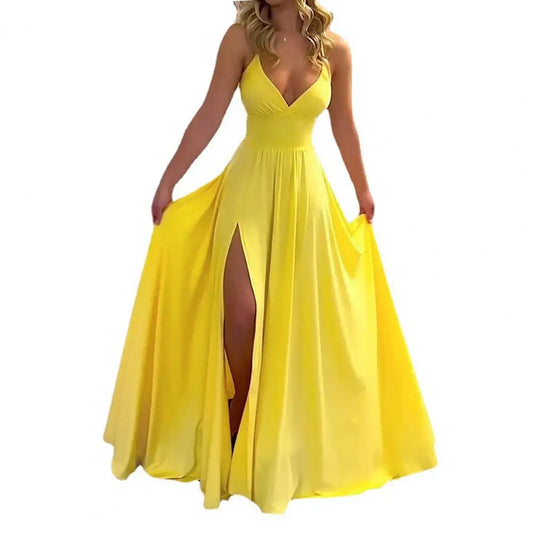 Flared High Slit Solid Color V-Neck Maxi Party/Prom Formal Dress
