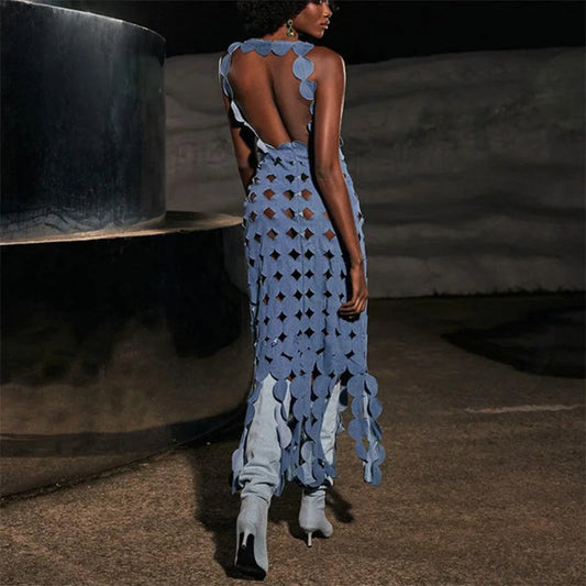 Denim Designer Sleeveless Hole Pattern Hollow-Out Tassel Fringe Maxi Dress