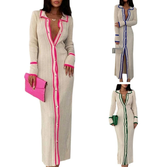 Striped Turn-Down Collar Long Sleeve Cardigan Maxi Bodycon V-Neck Button-Up Sweater Dress