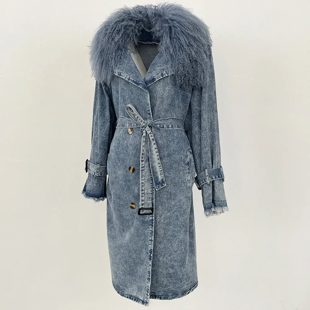 Denim Hip-Hop Button Design Shaggy Mongolian Fur Collar Double Breasted Women's Sash Belted Jean Trenchcoat