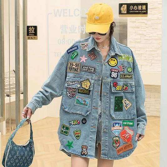 Denim Patch Design Turn-Down Collar Hip-Hop Embroidered Women's Streetwear Button-Up Jean Jacket