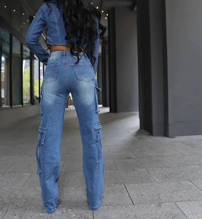 Denim Women's Long Sleeve Single Breasted Irregular Cropped Jean Jacket + Multi Pocket High Waist Cargo Jeans 2-Piece Set