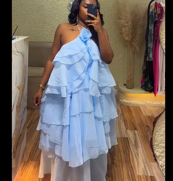 Oversized Tiered Sleeveless Floral Ruffled Design Loose Smock Strap Formal Maxi Dress