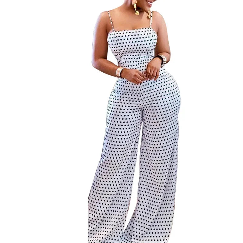 Polka Dot Square Neck Lace-Up Spaghetti Strap Backless Hollow-Out Wide Leg Jumpsuit