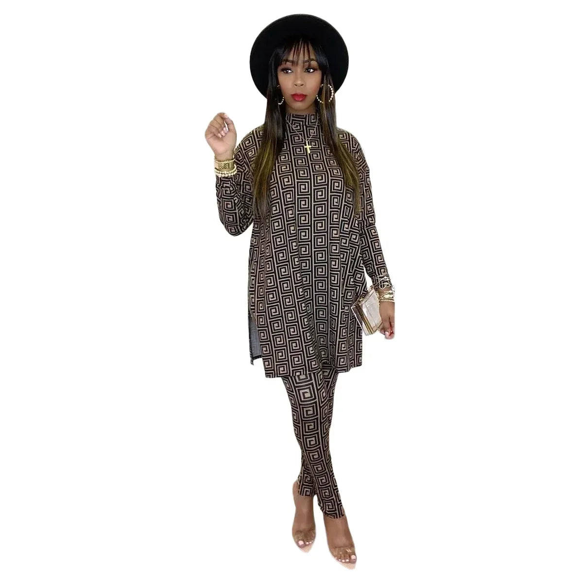 Geometric Turtleneck Print Long Sleeve Women's Top + Matching Leggings 2-Piece Set