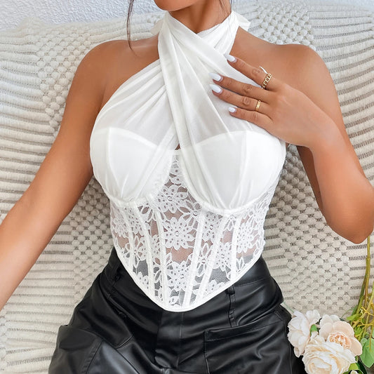 Lace Hollow-Out Mesh Sleeveless Embroidered Criss-Cross Halter Neck Backless Corset Top