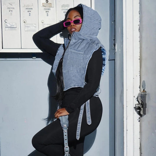 Women's Denim Quilted Sleeveless Zipper Side Hollow-Out Design Bandage Cropped Cargo Puffer Hoodie Vest