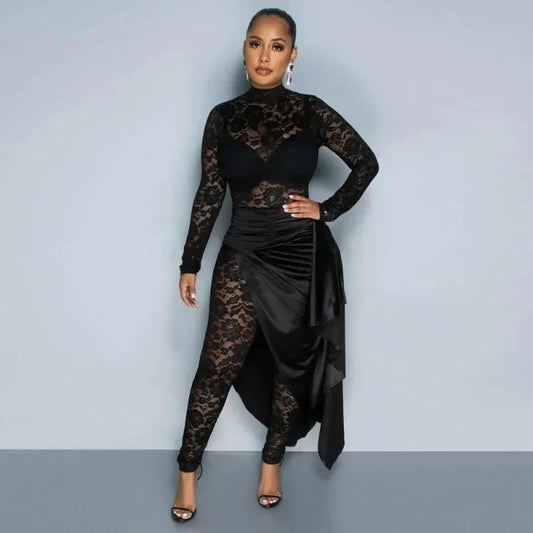 Lace Sheer Hollow-Out Long Sleeve Women’s Jumpsuit + Wrapped Ruched High Slit Maxi Skirt 2-Piece Set