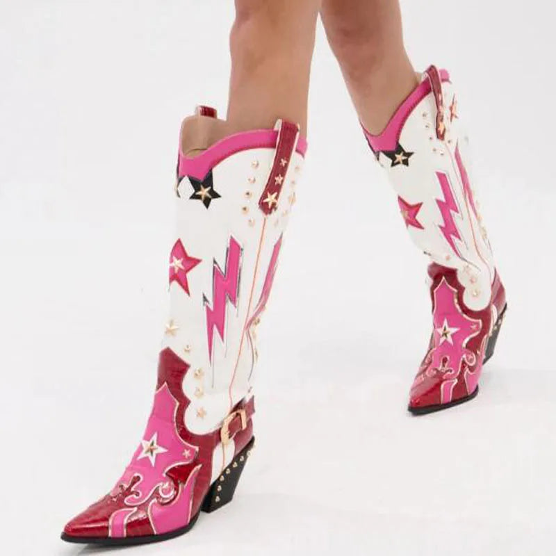 White/Pink/Burgundy Leather Western Women's Pointed Toe Metallic Star Lightning Bolt Stud Design Block Heel Knee High Cowgirl Rodeo Boots