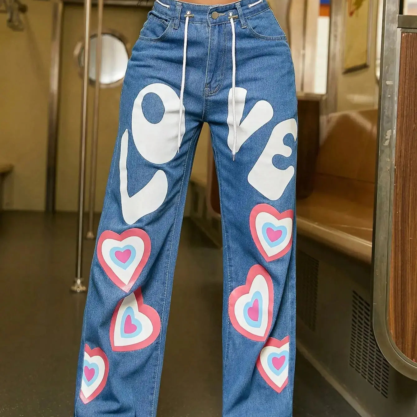Denim Love Heart Print Streetwear Drawstring Women's Slanted Pocket Stright Leg Jeans