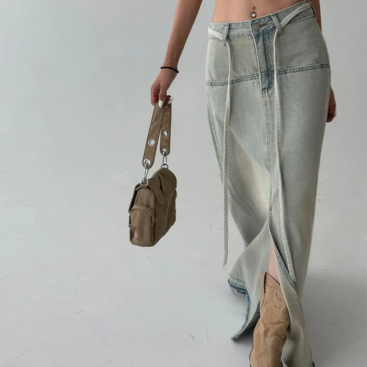 Denim Faded Distressed Women's High Slit Vintage Lace-Up Low Waist Streetwear Maxi Jean Skirt