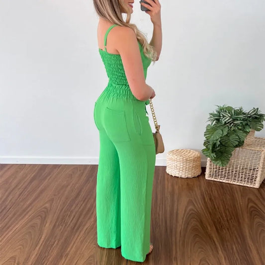 Sleeveless Solid V-Neck Short Vest + Tie Waist Patch Pocket Women's Pants Set