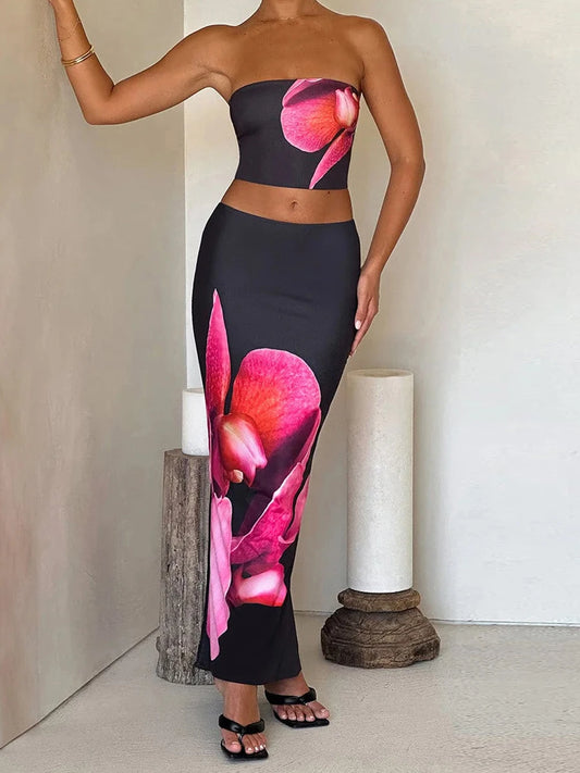 Big Flower Print Women's Bandage Streetwear Tube Crop Top + Elastic Waist Bodycon Maxi Skirt 2-Piece Set