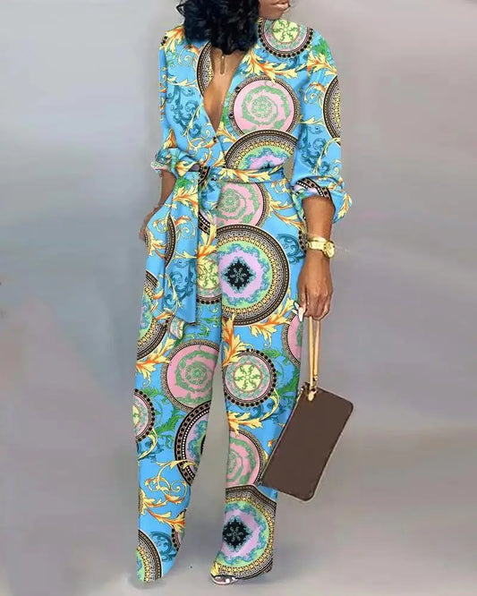 Baroque Paisley/Geometric/ Faux Denim Colorblock Print Deep V-Neck Long Sleeve Women's Jumpsuits w/ Sash Belt
