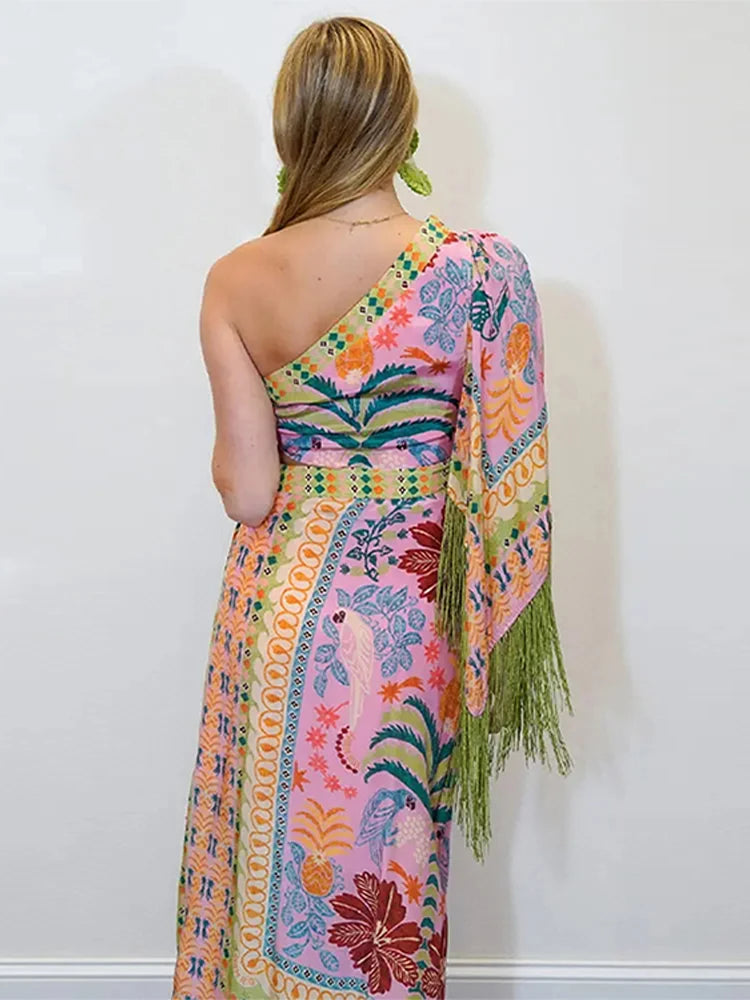 Asymmetrical Hollow-Out Hanging Tassel Diagonal One Shoulder Irregular Hem Party Dress