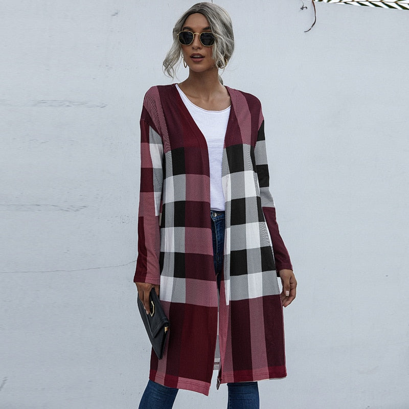 Checkered Plaid Print Women's Maxi Cardigan