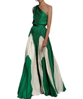 Asymmetrical Pleated Colorblock/Floral One Shoulder Formal Maxi Dress