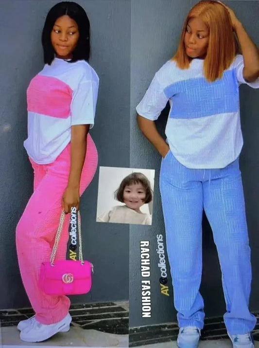 Pastel Colorblock Short Sleeve Women's T-Shirt + Solid Elastic Waist Pant 2-Piece Set