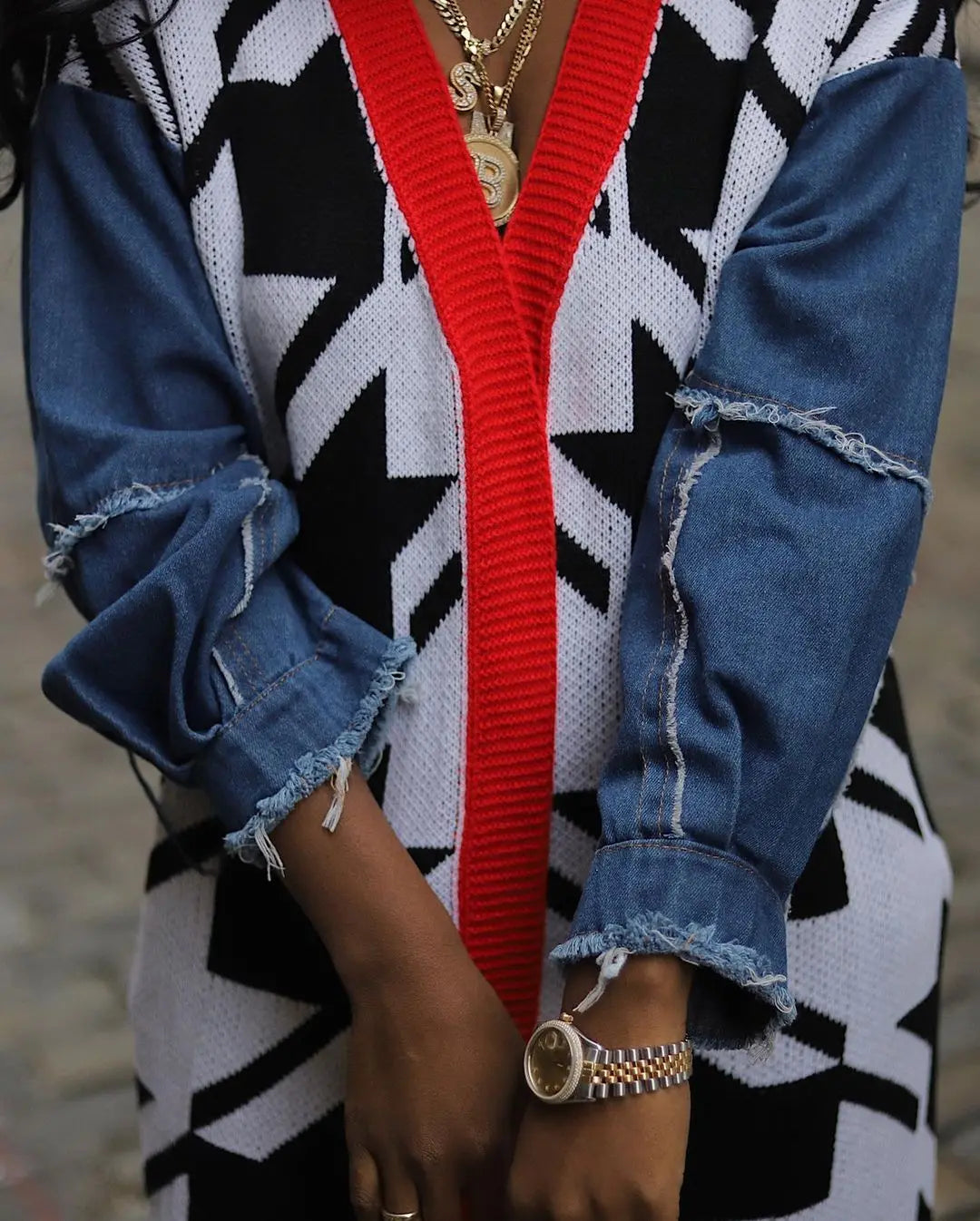 Houndstooth Plaid Colorblock Women's Open Maxi Cardigan Sweater