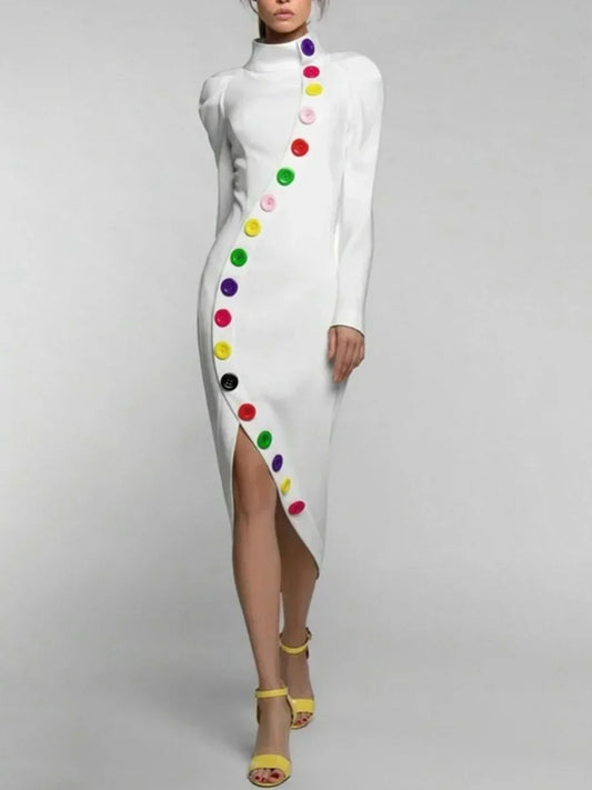 Turtleneck White Rainbow Colored Asymmetrical Button Design Long Sleeve Diagonal Slit Midi Dress