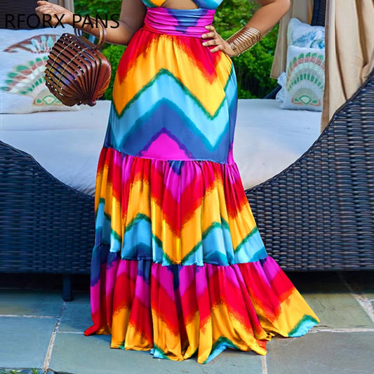 Rainbow Striped Colorblock Spaghetti Strap Hollow-Out Ruffled Hem Maxi Dress